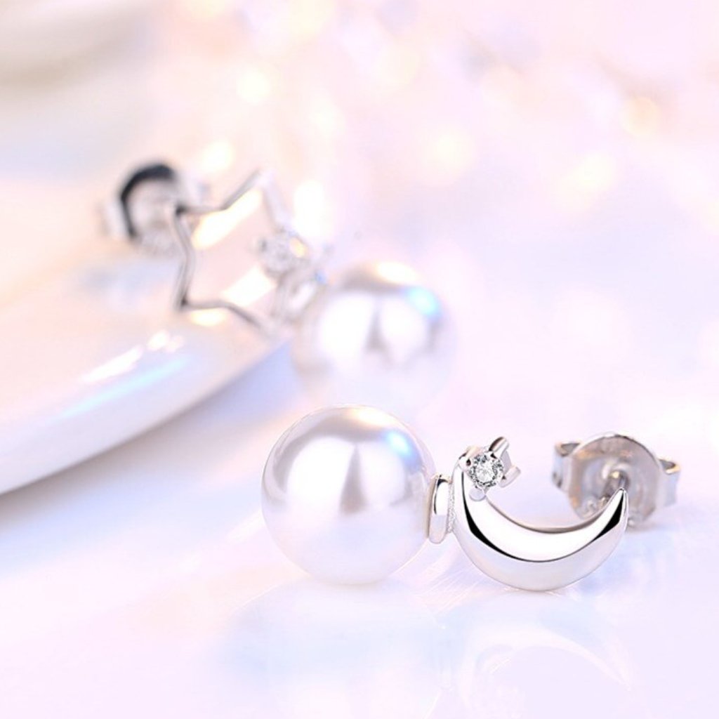 925 Sterling Silver Crystal Zircon Star Moon Pearl Earrings For Woman, J665